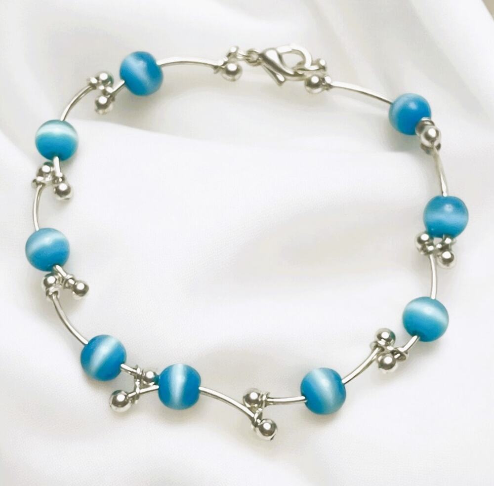 Vintage Light Blue Cat's Eye Glass Beads, Curved Silver Bars & Balls Bracelet